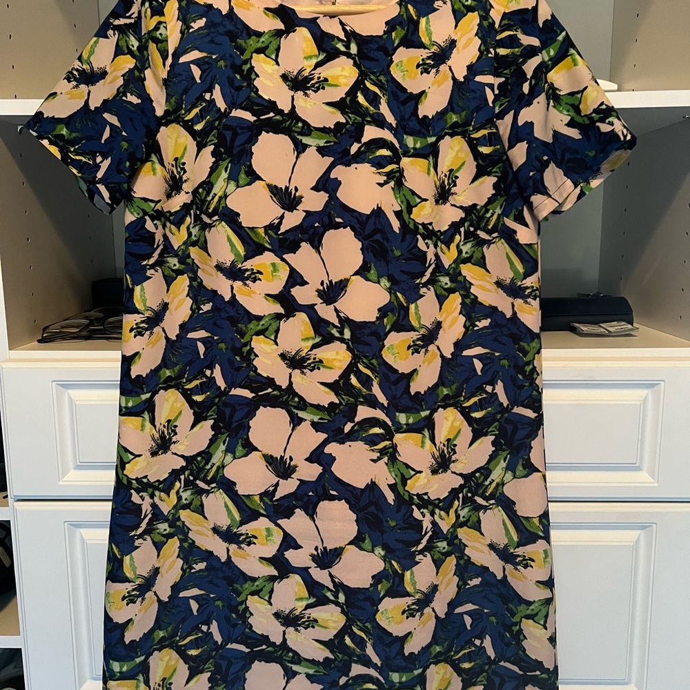 J crew water color floral shift dress! Navy blue, pink, green, yellow